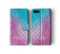 Tirita Personalised Custom Wallet Flip Phone Case Compatible with iPhone 7/8 / SE 2020 / SE 2022 PRINTED GLITTER, NOT REAL GLITTER Mermaid Tail Skin Scales Vanilla Sky Ombre