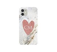 Tirita Personalised Initials Custom Hard Phone Case Compatible with iPhone 12 Mini PRINTED GLITTER, NOT REAL GLITTER Love Hearts Pink Marble Monochrome
