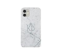 Tirita Personalised Initials Custom Hard Phone Case Compatible with iPhone 12 Mini PRINTED GLITTER, NOT REAL GLITTER Monogrammed Silver Marble Cracked White Marble