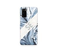 Tirita Personalised Initials Custom Hard Phone Case Compatible with Samsung Galaxy S20 PRINTED GLITTER, NOT REAL GLITTER Monogrammed Silver Marble Monochrome Swirl Marble