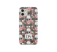 Tirita Personalised Initials Custom Hard Phone Case Cover Compatible with iPhone 12 & 12 Pro Rock and Roll Chequered Floral Skulls