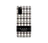 Tirita Personalised Initials Custom Hard Phone Case Cover Compatible with Samsung Galaxy S20 Chequered Tartan Black White Plaid