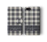 Tirita Personalised Initials Custom Wallet Leather Flip Phone Case Compatible with iPhone 11 Pro Max Grey White Plaid