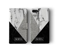 Tirita Personalised Initials Custom Wallet Leather Flip Phone Case Compatible with iPhone 12 & 12 Pro PRINTED GLITTER, NOT REAL GLITTER Marble Silver Granite Black Silver Polished