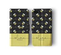 Tirita Personalised Initials Custom Wallet Leather Flip Phone Case Compatible with iPhone 12 & 12 Pro PRINTED GLITTER, NOT REAL GLITTER Honey Bees Flying Bumblebees