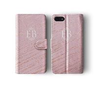 Tirita Personalised Initials Custom Wallet Leather Flip Phone Case Compatible with iPhone 12 & 12 Pro PRINTED GLITTER, NOT REAL GLITTER Jewel Metallic Waves Pink Stripes
