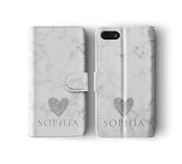 Tirita Personalised Initials Custom Wallet Leather Flip Phone Case Compatible with iPhone 12 Mini PRINTED GLITTER, NOT REAL GLITTER Love Hearts Silver Marble Monochrome
