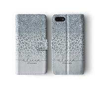 Tirita Personalised Initials Custom Wallet Leather Flip Phone Case Compatible with iPhone 6 & 6s PRINTED GLITTER, NOT REAL GLITTER African Wild Animals Skin Print Leopard Cheetah Silver