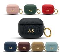 Tirita Personalised Leather Case for Apple Airpods 1st and 2nd gen - Customised Vegan Leather Airpod Cover - Gold Embossed Case with your own Name Initials and Golden Hook Keychain [01- Black]