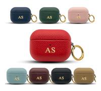 Tirita Personalised Leather Case for Apple Airpods 3 - Customised Vegan Leather Airpod Cover - Gold Embossed Case with your own Name Initials and Golden Hook Keychain [07- Red]