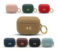 Tirita Personalised Leather Case for Apple Airpods 3 - Customised Vegan Leather Airpod Cover - Gold Embossed Case with your own Name Initials and Golden Hook Keychain [08- Beige]