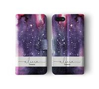 Tirita Personalised Phone Case Compatible with iPhone 7 Plus & 8 Plus Flip Wallet Cover PU Leather Moon Space Constellations Cosmic Galaxy Nebula Stars Custom Initials Name