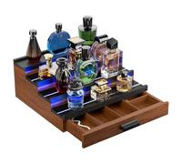 TIRYIUOU Perfume Cologne Organizer for Men: with LED Light 4 Tier Wooden Perfumes Stand, Desktop Parfum Holder Wood Display Shelf with Cabinet, Bedroom Makeup Lotion Jewelry Storage Rack with Drawer