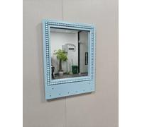 Tirzah 16x12 Inch Wall Mount Beaded Wood Framed Mirror with Shelf and 6 Hooks, Blue Decorative Entryway Mirror with Storage for Laundry Room, Bathroom, Bedroom