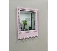 Tirzah 16x12 Inch Wall Mount Beaded Wood Framed Mirror with Shelf and 6 Hooks, Pink Decorative Entryway Mirror with Storage for Laundry Room, Bathroom, Bedroom