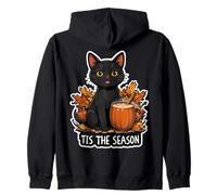 Tis The Season Black Cat Fall Autumn Pumpkin Leaves Lady Mom Zip Hoodie