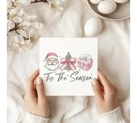 Tis The Season Christmas Greeting Card - Santa, Tree & Gift Design in Pink & Festive Illustration - C80