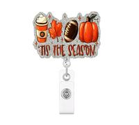 Tis The Season Fall Badge Reel, Retractable Thanksgiving Badge Holder with Pumpkin Coffee and Football Design, Cute Holiday Seasonal Badge Clip for Nurses Teachers Office Workers
