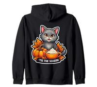 Tis The Season Grey Gray Cat Fall Autumn Pumpkin Leaves Lady Zip Hoodie