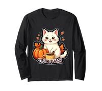 Tis The Season White Cat Fall Autumn Pumpkin Spice Leaves Long Sleeve T-Shirt