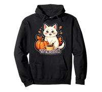 Tis The Season White Cat Fall Autumn Pumpkin Spice Leaves Pullover Hoodie