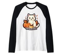 Tis The Season White Cat Fall Autumn Pumpkin Spice Leaves Raglan Baseball Tee