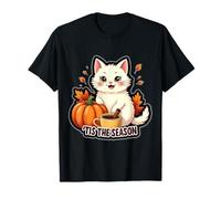 Tis The Season White Cat Fall Autumn Pumpkin Spice Leaves T-Shirt