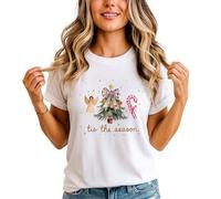 Tis The Season Womens Christmas Tree Graphic T-Shirt Holidays Angel Candy Cane Tee S (8-10) White