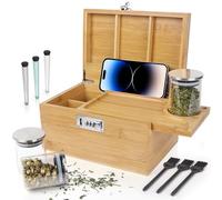 TISEMENT Large Bamboo Box with Combination Lock, Decorative Storage Box with Detachable Compartment, Wooden Box with Alright Jars & Brushes as Great Gift Choice.