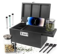 TISEMENT Large Black Bamboo Box with Combination Lock,Smell Proof Box with Detachable Compartment, Wooden Decorative Storage Box with Alright Jars & Brushes as Great Gift Choice.