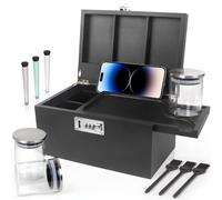 TISEMENT Large Black Bamboo Box with Combination Lock,Smell Proof Box with Detachable Compartment, Wooden Decorative Storage Box with Alright Jars & Brushes as Great Gift Choice.