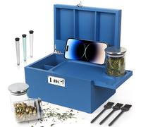 TISEMENT Large Blue Bamboo Box with Combination Lock, Decorative Storage Box with Removable Tray & Detachable Compartment, Wooden Box with Alright Jars & Brushes & Storage Tubes as Great Gift Choice.