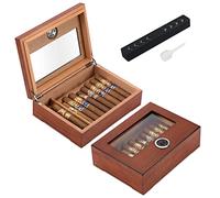 TISFA Cigar Humidor, Glass Top Cigar Box with Hygrometer Humidifier and Divider, Desktop Cedar Wood Storage Case Holds 20-30 Cigars (Brown)
