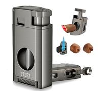 TISFA Torch Lighter with Cigar V Cutter, Hole Punch, Double Jet Flame Refillable Butane Lighter, Multifunctional Cigar Accessories, Windproof Cool Lighters for Smoking with Gift Box