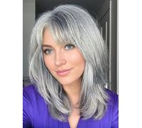TISHINING Grey Wigs for White Women Long Half Layers Grey Silver Wavy Wig with Natural Bangs Synthetic Heat Side Grey Daily Use