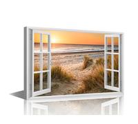 TISHIRON 1 Panel Beach Wall Art for Bedroom 3D Fake Windows Wall Decor Coastal Framed Canvas Art Pictures Scenery House Deocrations for Living Room Office Bathroom Ready to Hang - 24x16in