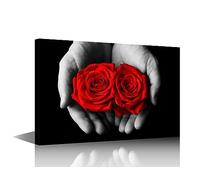TISHIRON 1 Panel Black White Wall Art Red Rose of Love Canvas Print Two Roses on The Hand Poster Painting Giclee Gallery-wrapped Romantic Wall Decor for Living Room Ready to Hang(16" Wx24 H)