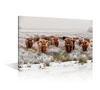 TISHIRON 1 Panel Brown Scottish Highland Cattle Herd in Natural Scenery Painting on Canvas Wall Decor Art Animals Picture for Living Room Winter Landscape Artwork Framed Ready to Hang(24" Wx36 H)