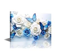 TISHIRON 1 Panel Canvas Blue and White Rose Canvas Wall Art, Canvas European and American Style Butterfly, Art Design Style Wall Art Flowers Modern Framed Wall Art Ready to Hang 24x36inch