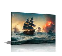 TISHIRON 1 Panel Canvas Wall Art Pirate Ship Fighting Scene, Fire Canons Ahead, Disaster Picture Poster for Home Wall Decorations, Wooden Framed Gallery-Wrapped Ready to Hang, 36" Wx24 H