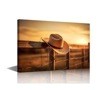 TISHIRON 1 Panel Canvas Wall Art Wild West Culture Posters and Prints for Living Room Bedroom Wall Decoration, Cowboy hat Hanging on a Wooden Fence Pictures Art Ready to Hang, 36" Wx24 H