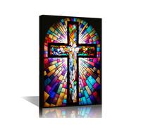 TISHIRON 1 Panel Christian Canvas Wall Art Stained Glass Cross Posters & Prints Artwork Religion Contemporary Home Decor Framed for Living Room Bedroom Home Office Decor, 24x16in