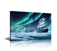 TISHIRON 1 Panel Glacier Wall Art Painting on Canvas Aurora Bedroom Wall Art Pirate Ship Modern Home Decor North Pole House Decorations for Living Room Framed, 18x12in