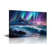 TISHIRON 1 Panel Ocean Waves Aurora Scene Canvas Wall Art Northern Lights Colourful Sky Seascape Painting Modern the Living Room Bedroom Office Stretched Ready to Hang(40x60cm)