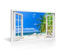 TISHIRON 1 Panel Relaxing Seaside Grass Seashore Painting Canvas Wall Art Beach View With Window Posters & Prints Bathroom Decor Wall Art House Decor Stretched and Framed Ready to Hang (12" Wx18 H)