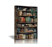 TISHIRON 1 Panel Vintage Bookshelf Wall Art for Living Room 1 Piece Framed Wall Painting Antique Book Canvas Prints Pictures House Decoration for Bedroom Office Modern Artwork, 18x12in