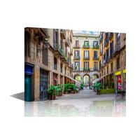 TISHIRON 1 Panel Wall Art Catalonia Spain Painting Print On Canvas Street in Barcelona Pictures for Bedroom Home Decor Europe Modern Artwork Paintings Stretched By Wooden Frame Ready to Hang, 36x24in