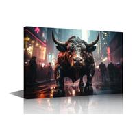 TISHIRON 1 Panel Wall Art Decor Painting on Canvas Bronze Bull Pictures for Home Walls Statue of a Bull Office Wall Art Framed New York Modern Artwork for Living Room Bedroom, 24x16in