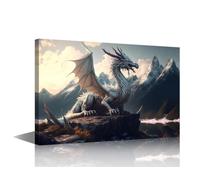 TISHIRON 1 Panel Wall Art for Living Room Giant Dragon Bedroom Wall Decor Medieval Fantasy Wall Paintings for Office Animals Print On Canvas Modern Artwork Framed Ready to Hang, 24x16in