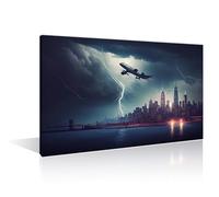 TISHIRON 1 Panels Airplane Framed Wall Art Plane Flies in a Storm over the City Posters & Prints Art Prints for Wall Decor Giclee Print Stretched and Framed Ready to Hang (16" Wx24 H)